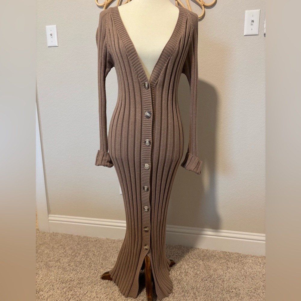 Brown Ribbed Button-Down Maxi Dress